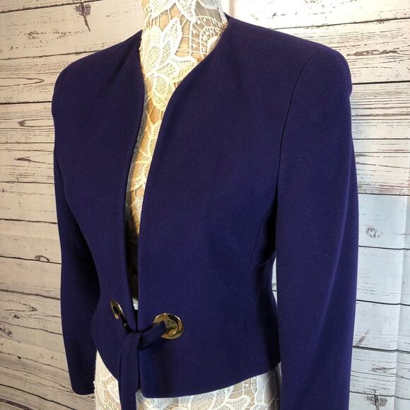 American Vintage fitted purple wool blazer gold accent open front size 4 - Picture 6 of 12